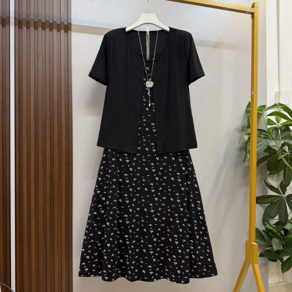 新款大码女装时尚洋气开衫外套十吊带连衣裙两件套套装