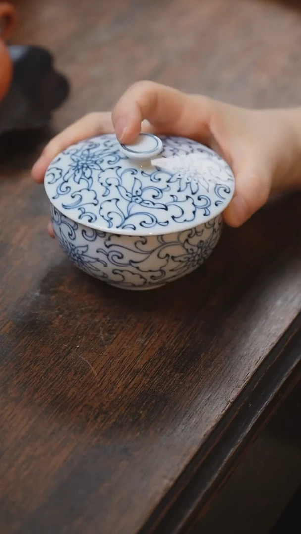 孤品青花图样盖盅茶碗橘吉底标