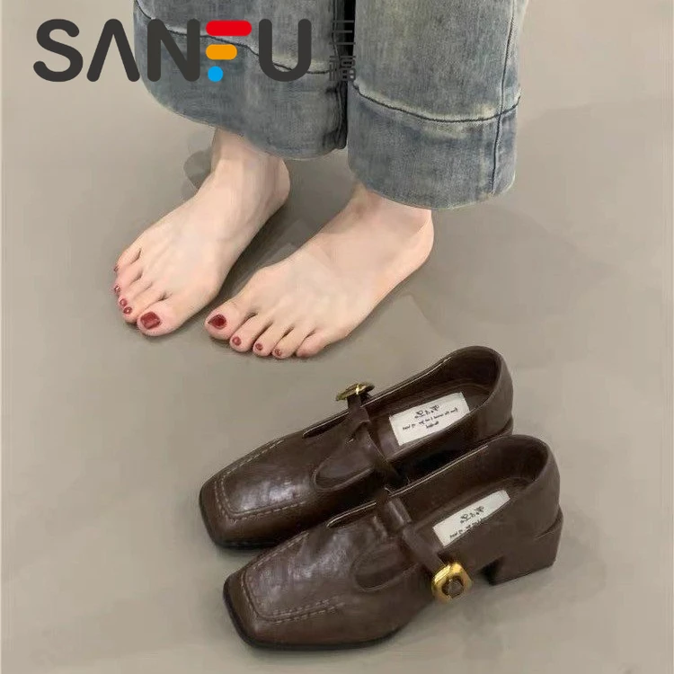 三福复古玛丽珍鞋女2025秋季新款百搭气质方头浅口粗跟通勤单鞋