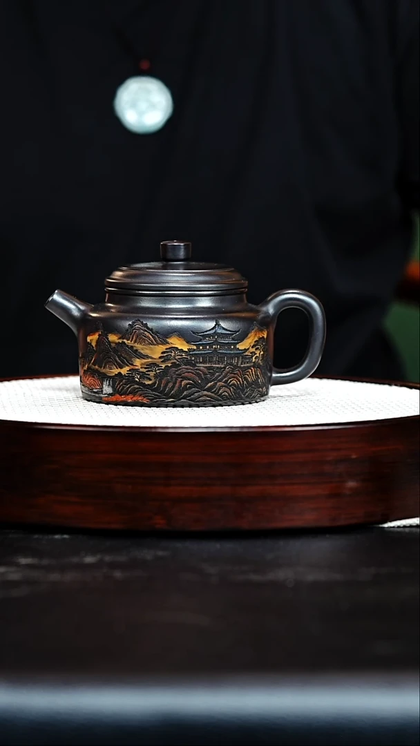 茶壶紫砂宜兴紫砂 德钟 石黄（彩陶刻）曹莹莹h452