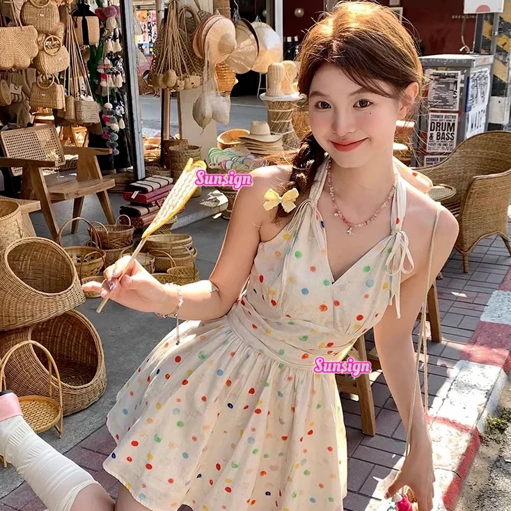 Sun【彩色波点】泳衣女新款高级微胖女孩遮肉连体保守绝美海边度假