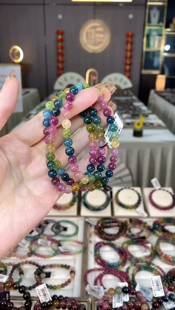 未镶嵌老矿碧玺色标彩虹三圈手串6mm+碧玺dan多样性发货一条