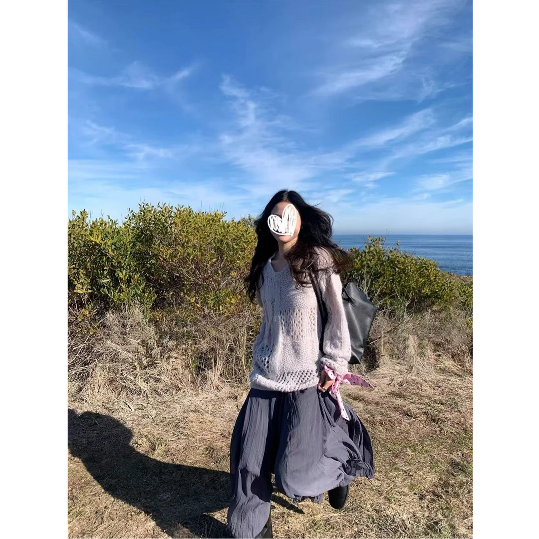 镂空宽松针织衫女2025秋季新款马海毛休闲毛衣慵懒感罩衫A1467