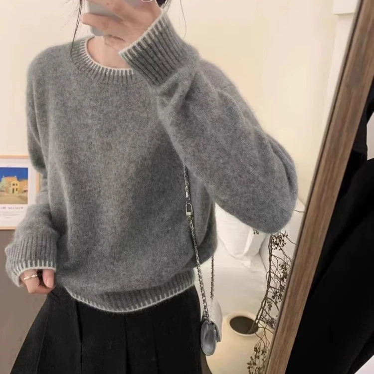 Mandsibil曼德西比利100%羊毛衫女士圆领灰色毛衣25秋冬针织打底