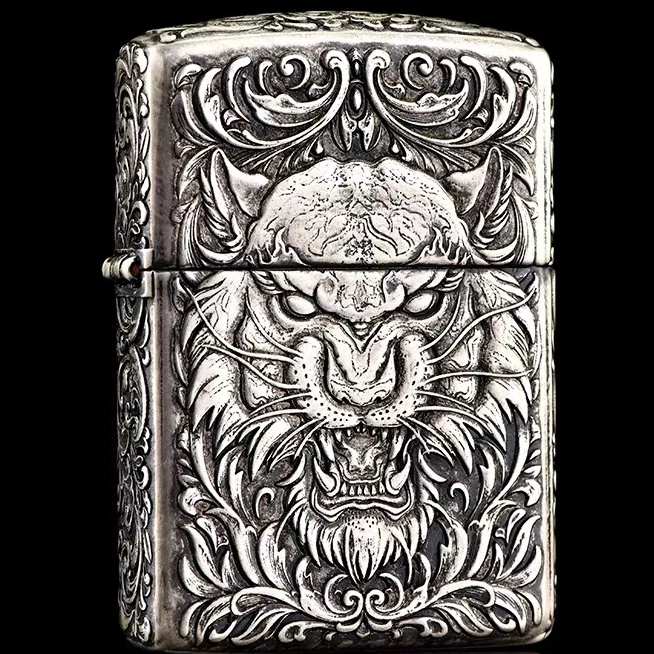 Zippo打火机古银盔甲浮雕虎头244
