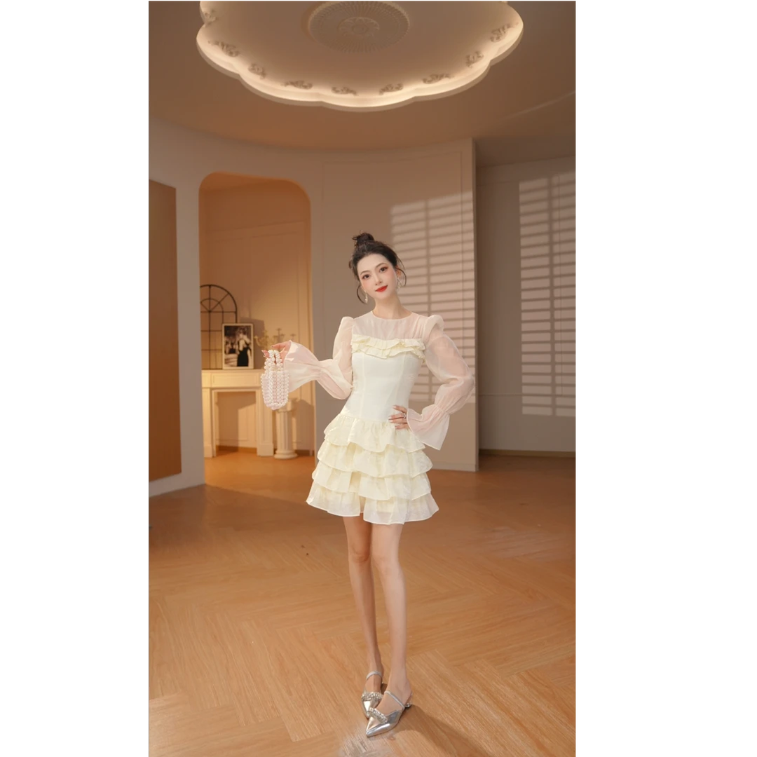 Pretty小众设计师品牌江江定制 极简风甜美百搭拼接连衣裙9140