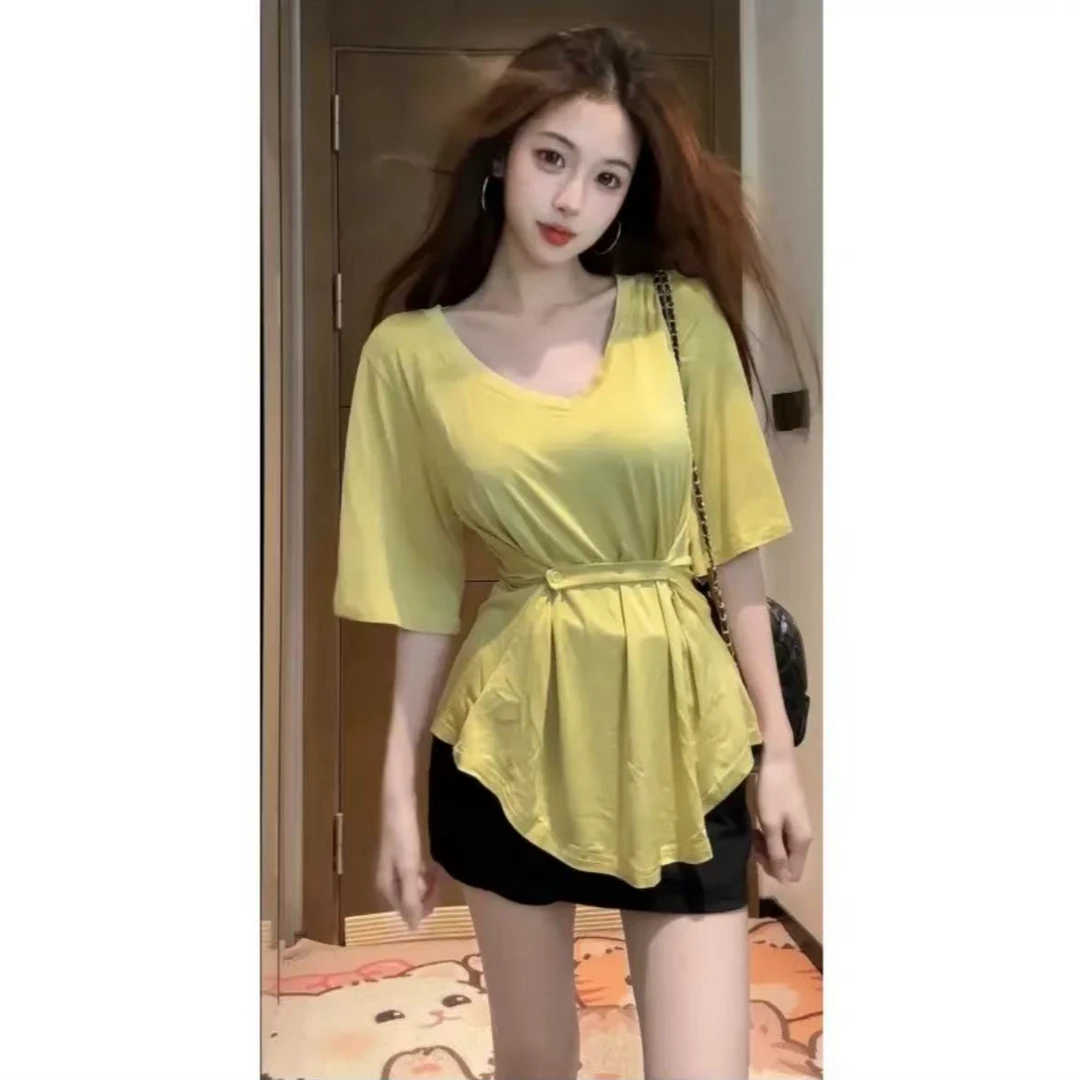 2025夏季新款短袖五分袖V领拼接短款T恤不规则设计感时尚