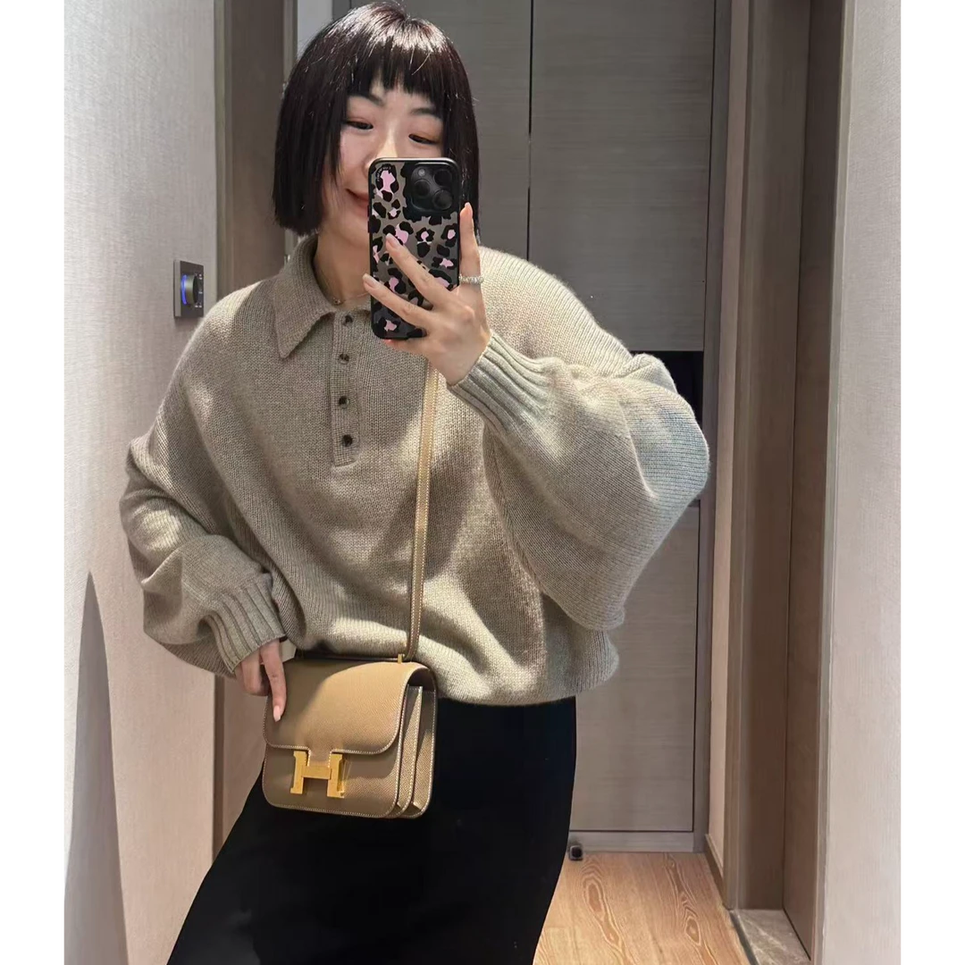 pp家 Polo领蝙蝠袖设计毛衣 KH秀款同款Rene女士宽松版型针织上衣