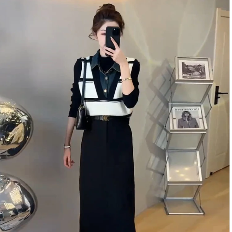 一整套入秋穿搭2025新款高级感小洋装针织马甲高腰半身裙两件套女