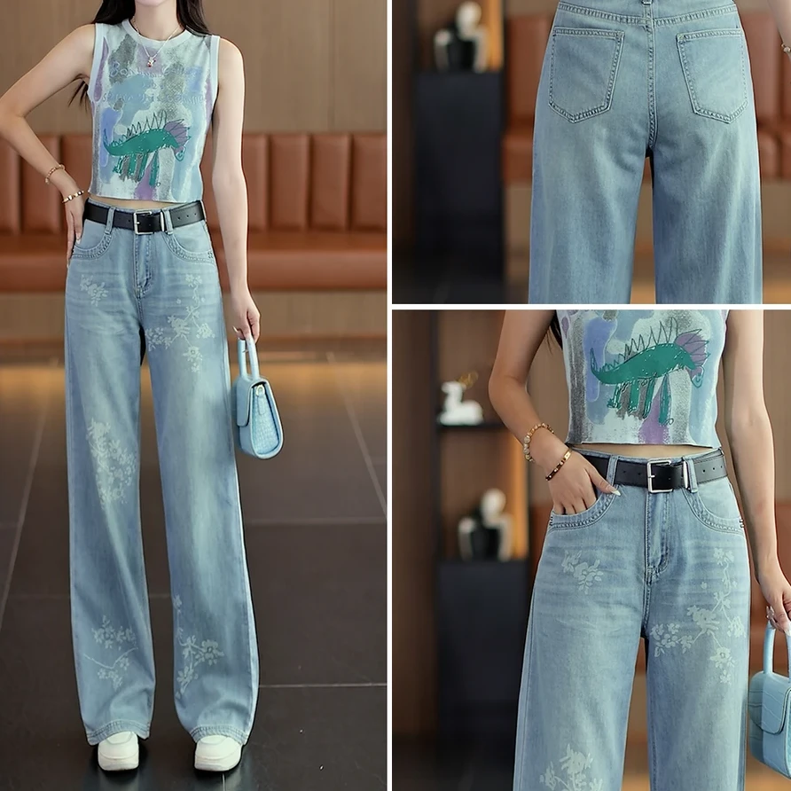印花设计牛仔裤2025夏新款窄版直筒裤显瘦高腰国风百搭长裤