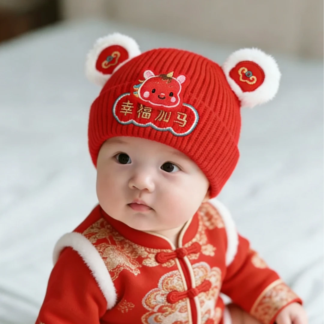 中国风秋冬女宝帽子男童红色新年帽冬天保暖婴儿过年小红帽针织帽