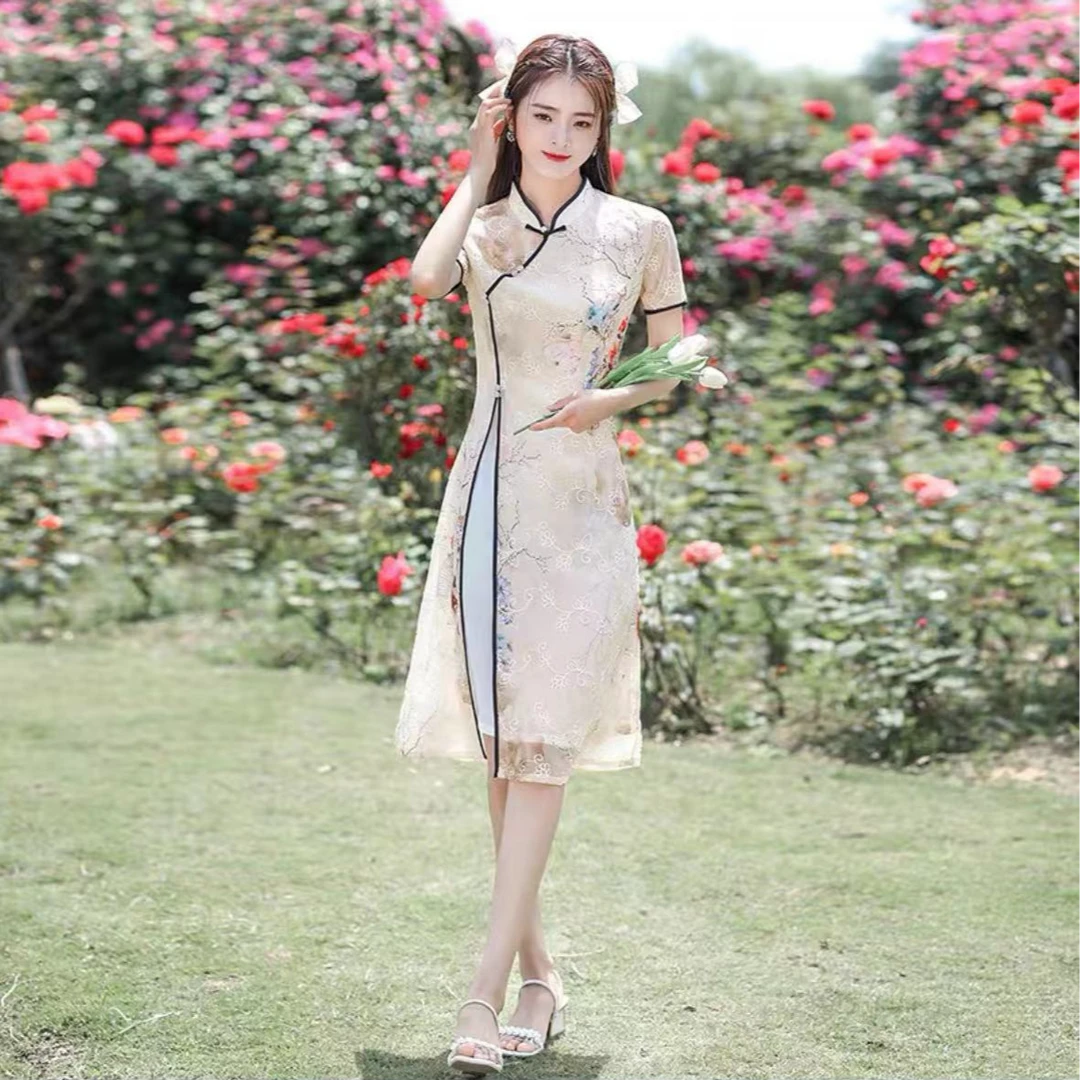 441-香槟色 低领 年轻 前开叉 奥戴  旗袍