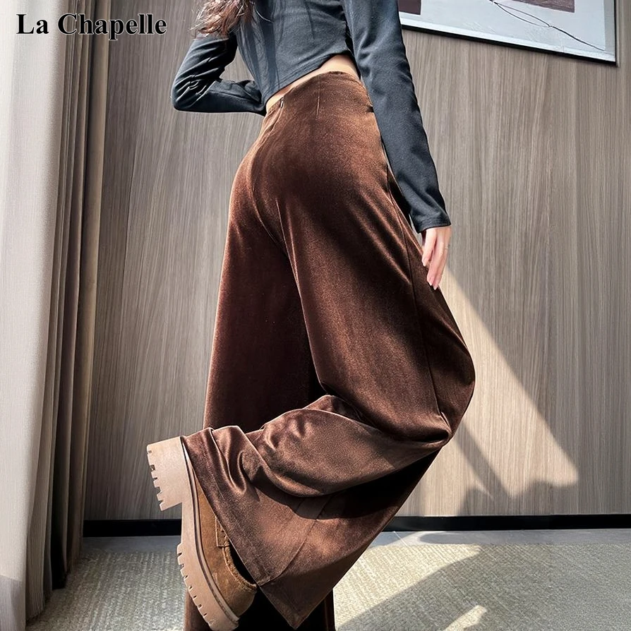 拉夏贝尔秋冬款金丝绒阔腿裤女加厚加绒设计感高腰显瘦垂感休闲裤