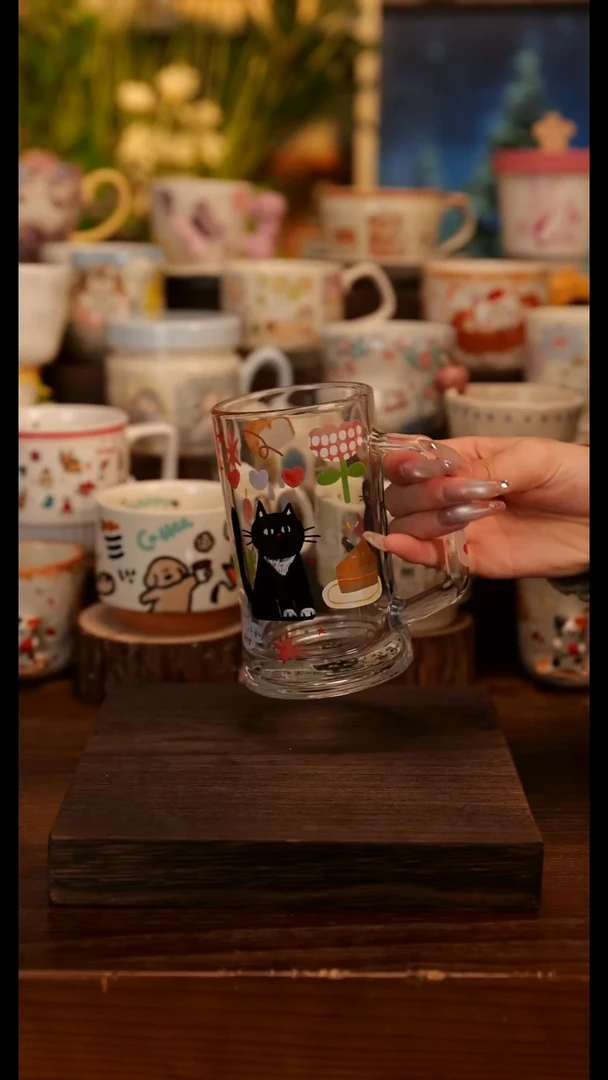 陶瓷手柄款小猫玻璃杯 面包
