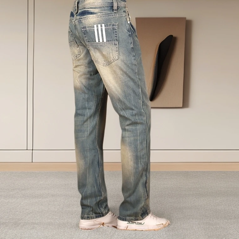 符腾野堡马潮牌宽松直筒裤男士春夏季新款时尚复古磨白潮流牛仔裤