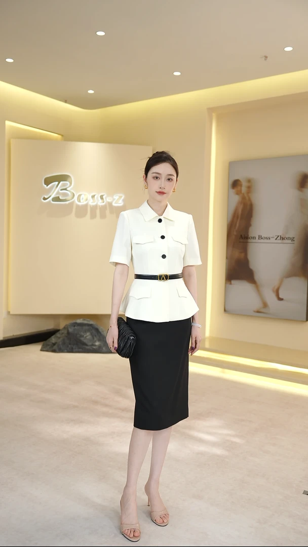 钟老板白色短袖西装套装女2025夏季新款修身显瘦外套半裙职业正装