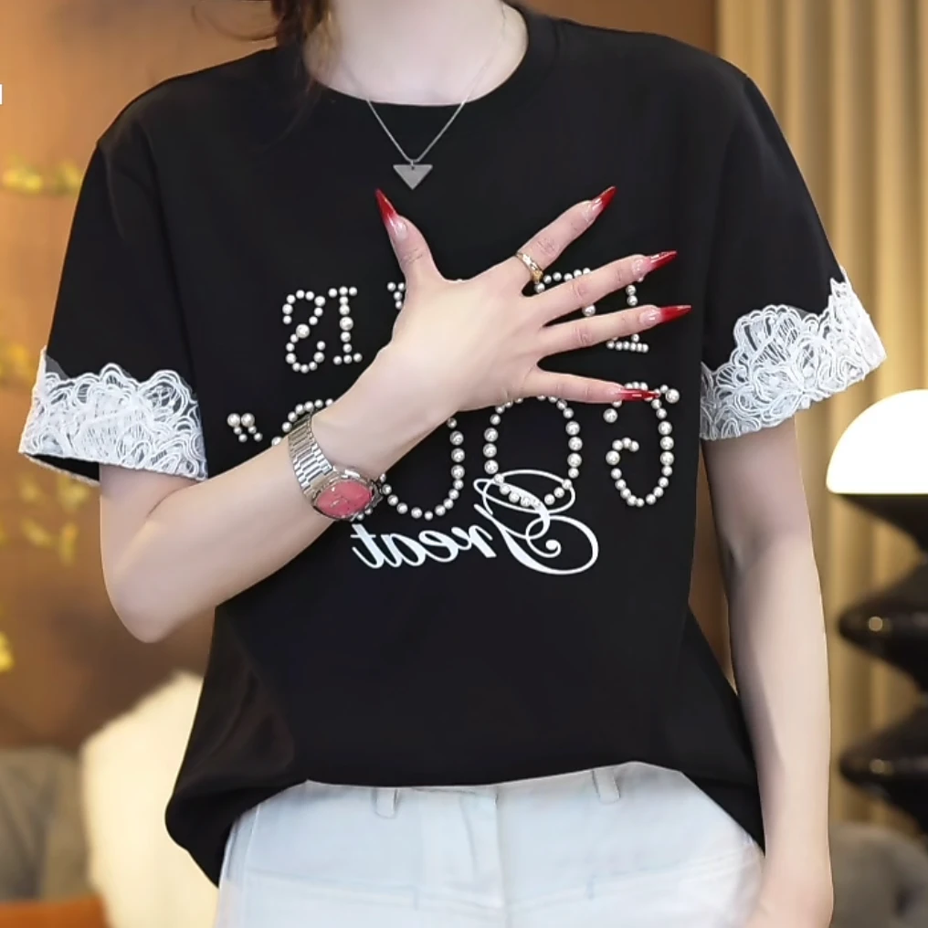 设计感珍珠大版宽松圆领短袖休闲T恤女2025早春新款时尚套头半袖
