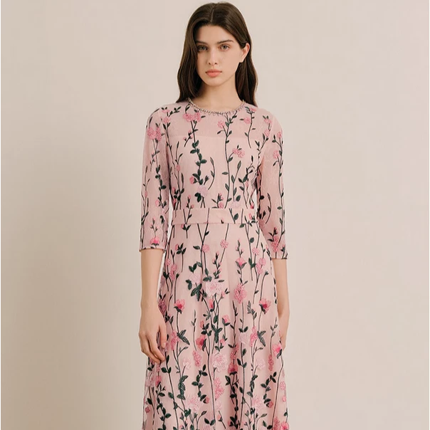 OBBLIGATO奥丽嘉朵2025秋季钉珠圆领花卉高腰连衣裙1C65305370