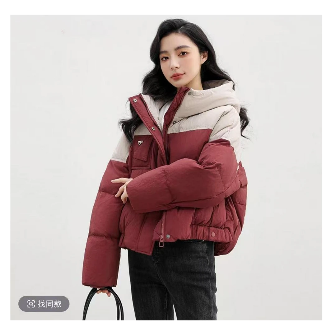 xx-631秋冬新款拼色连帽暗扣小个子穿搭百搭棉服