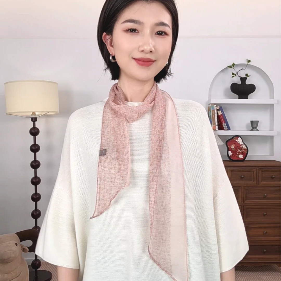 粉雾隐格桥其100%桑蚕丝丝巾高级感韩系长丝巾洋气140cm*10cm