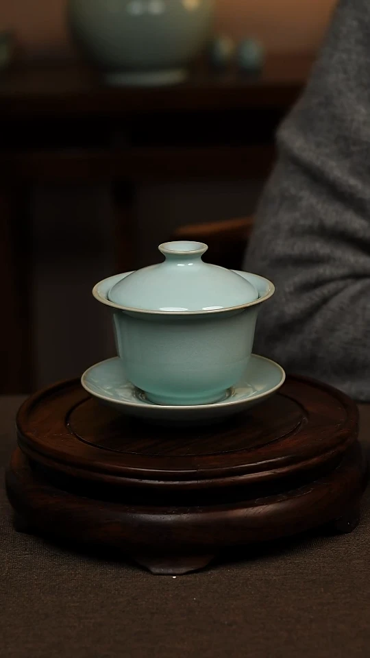 瓷片天青色全手工三才元宝盖碗150ml微瑕不带礼盒