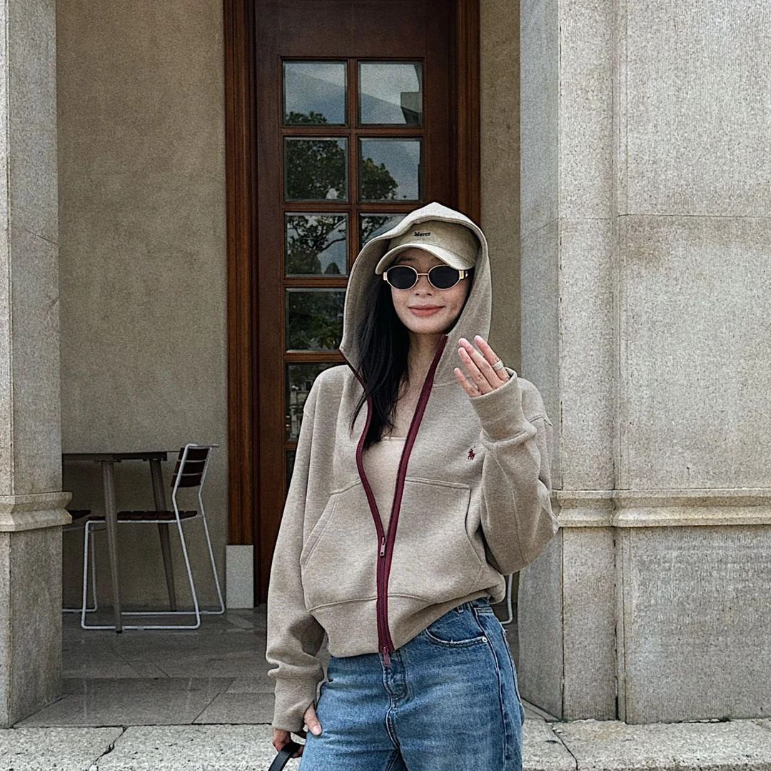 【高定】羊毛小马刺绣撞色连帽百搭女款外套Y952