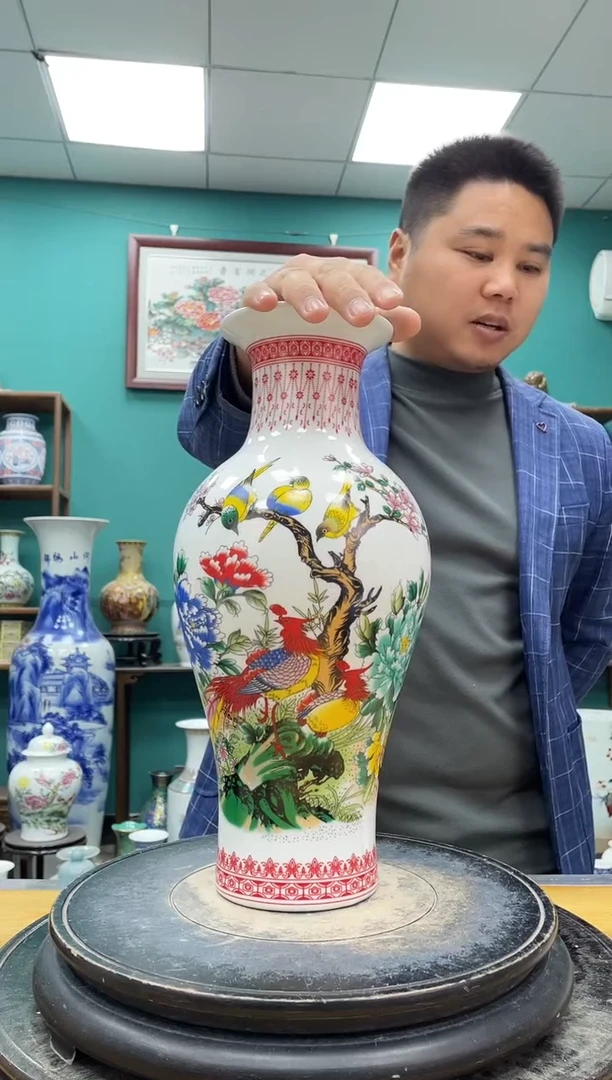 摆件牡丹双凤鱼尾陶瓷摆件