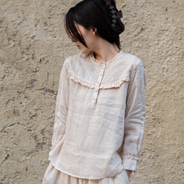 复古文艺纯色衬衫木耳领重工刺绣设计师风格苎麻小衫 CY  9510