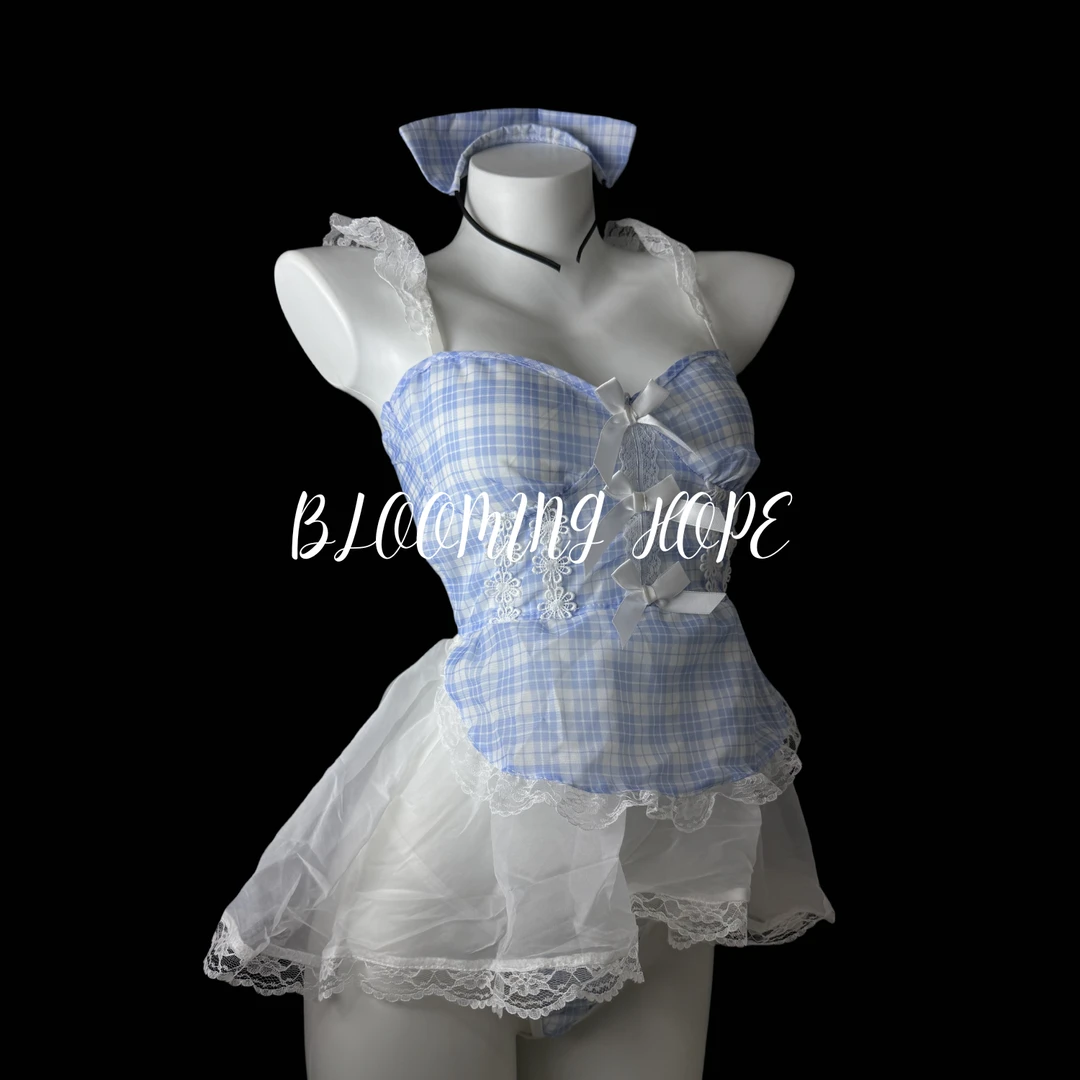 性感深V吊带格纹温柔纯欲女仆短裙套装cosplay