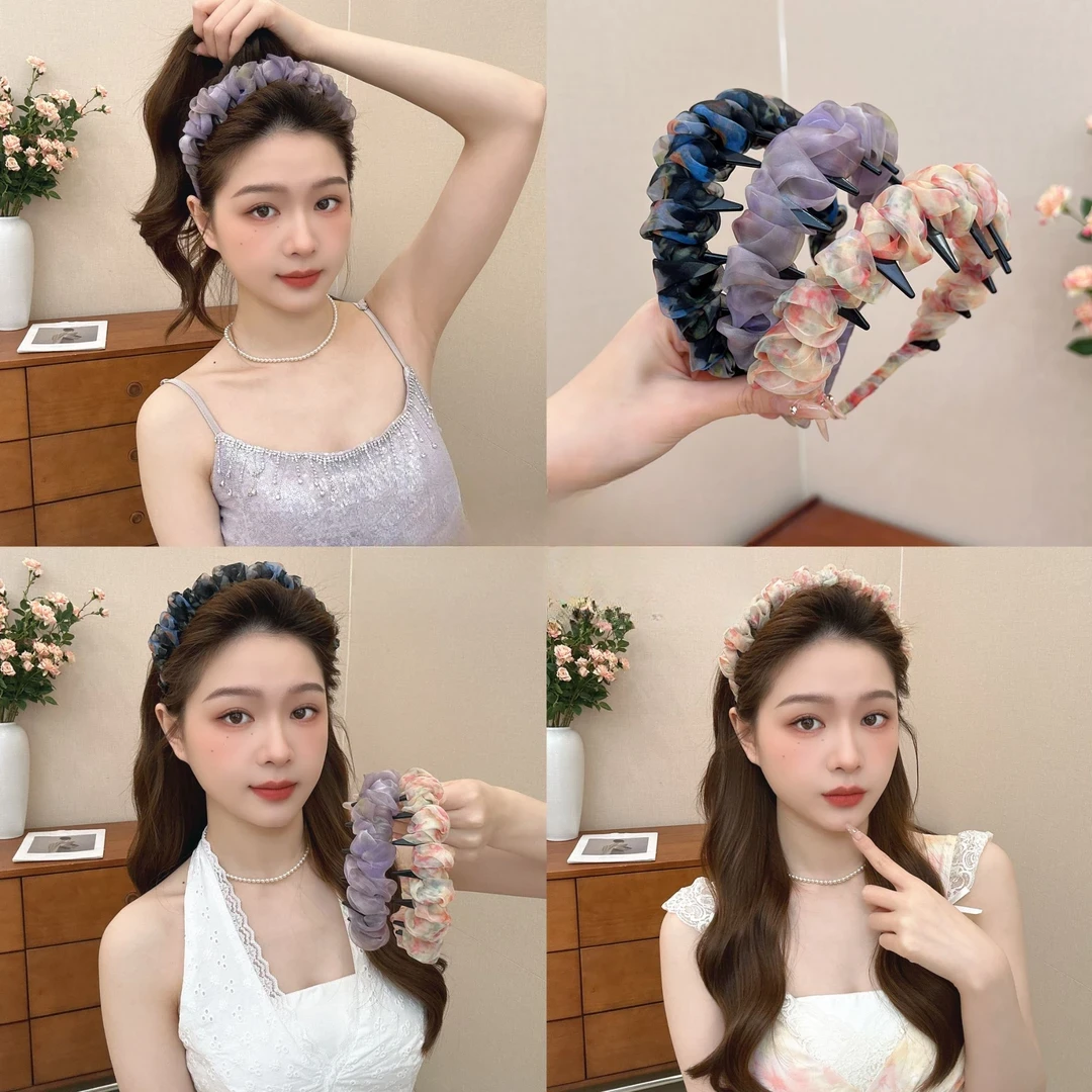 2025爆款超仙褶皱网纱波浪发箍女夏季带齿防滑减龄甜美高颅顶头箍