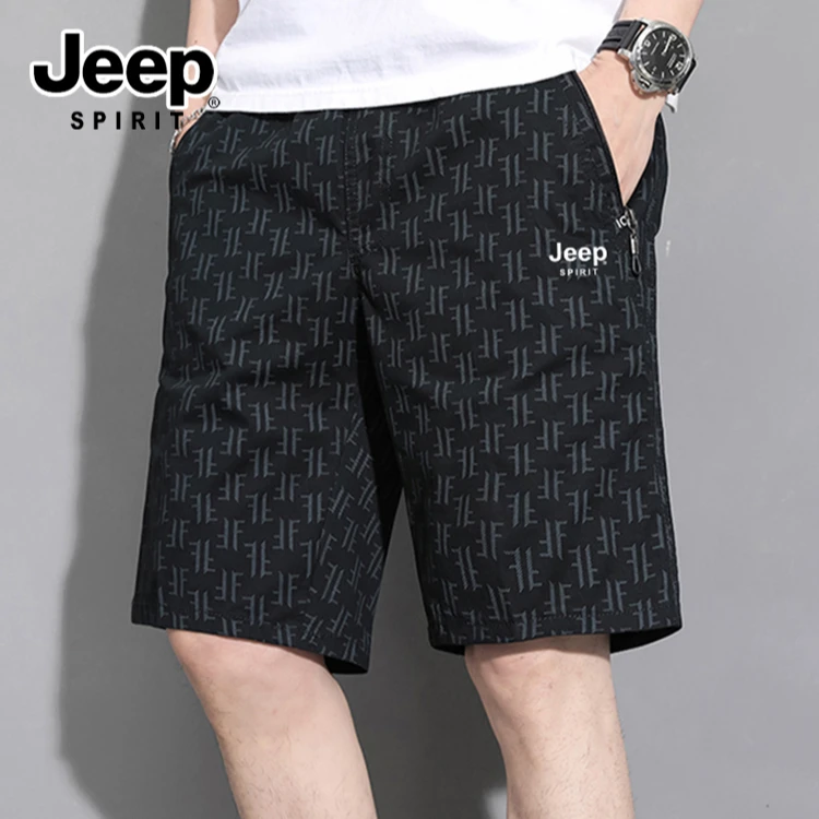 JEEPSPIRIT吉普时尚男士黑色满印花五分裤宽松潮流休闲大裤衩短裤