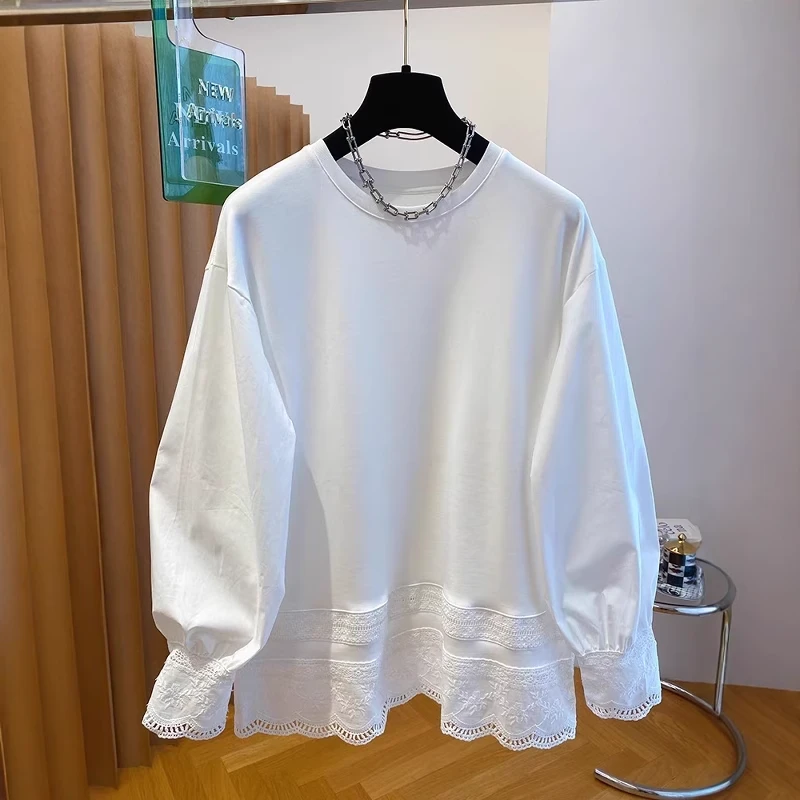 大码200斤时尚气质简约蕾丝花边打底衫高级感长袖t恤女上衣ins潮
