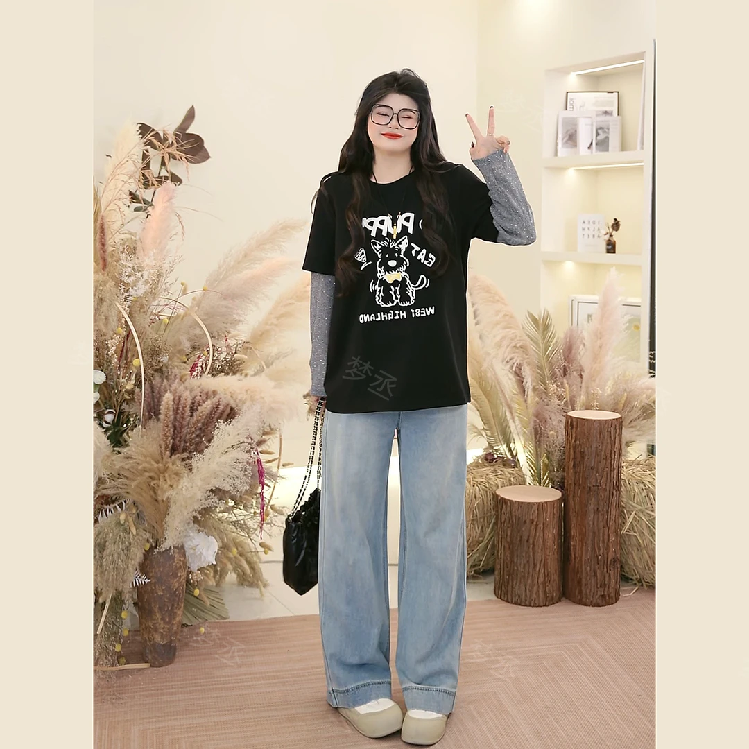 早春季套头女显瘦圆领长袖T恤女大码毛针织衫短袖女字母狗狗印花