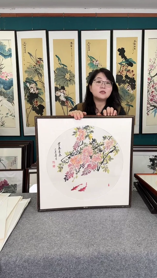 国画63*63紫藤实木装裱