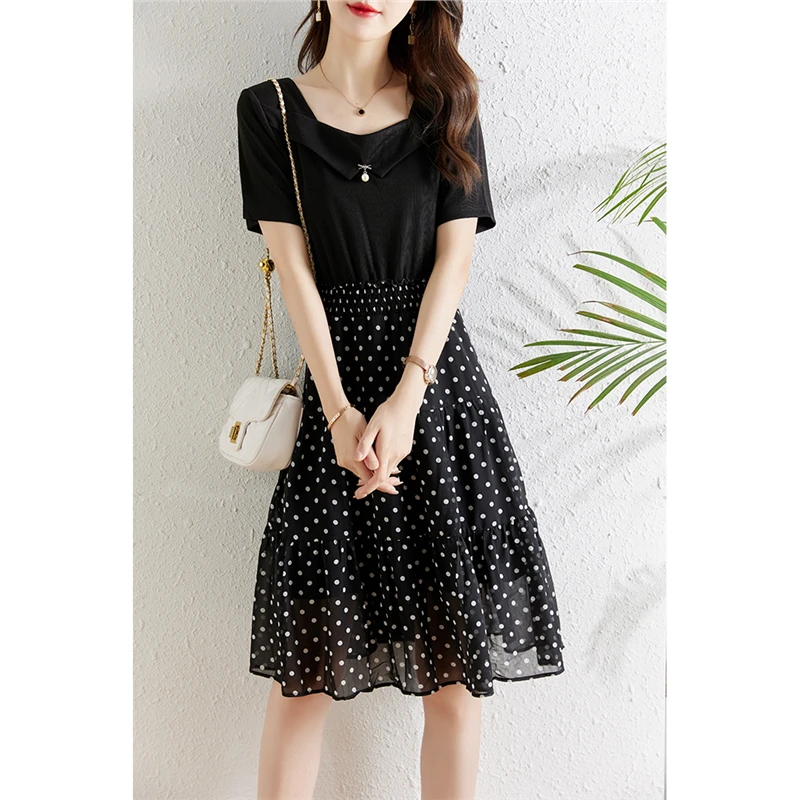 假两件拼接波点雪纺连衣裙女2025夏季新款收腰显瘦气质方领a字裙