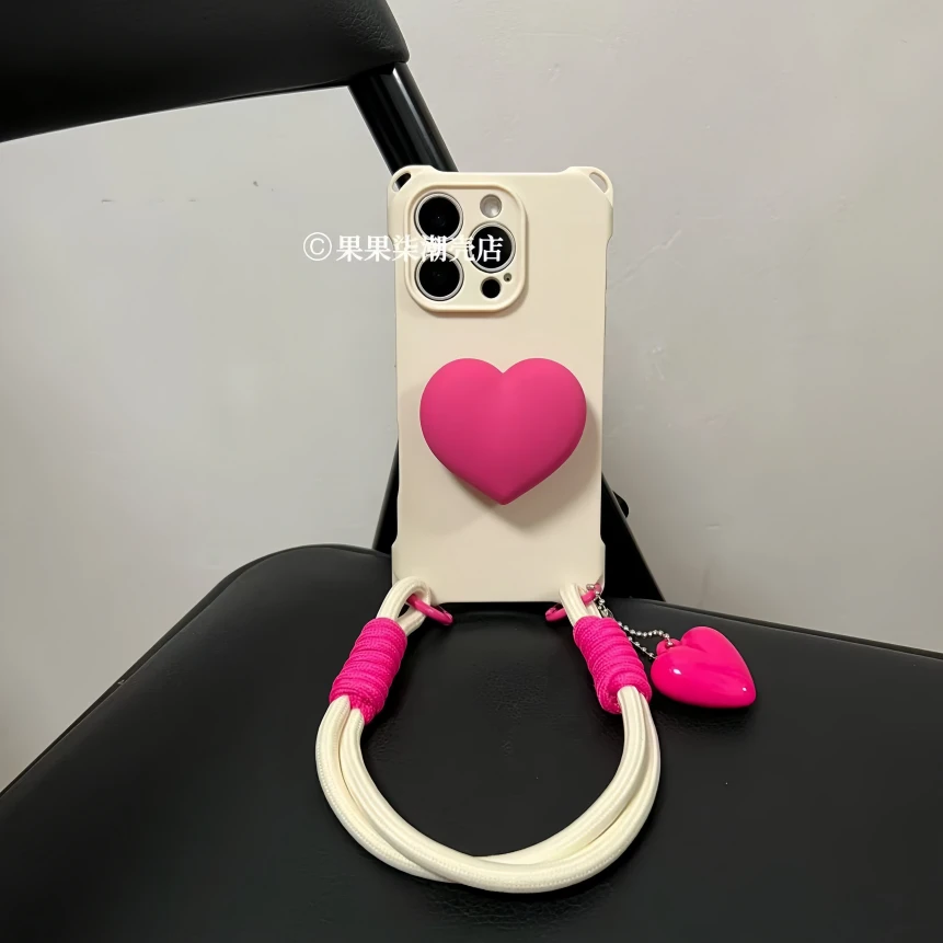 温柔气质爱心支架适用iPhone16promax手机壳挂绳苹果15腕带14软13