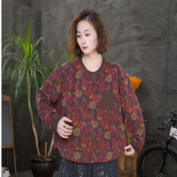 qq印花套头款口袋长袖工装风卫衣短款极简风套头