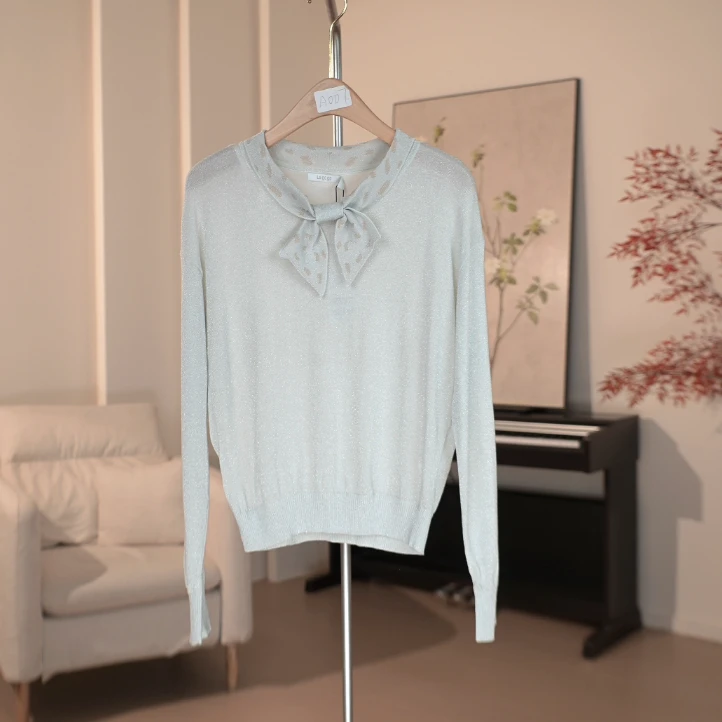 G686 提花蝴蝶结领口长袖针织衫女 439A11