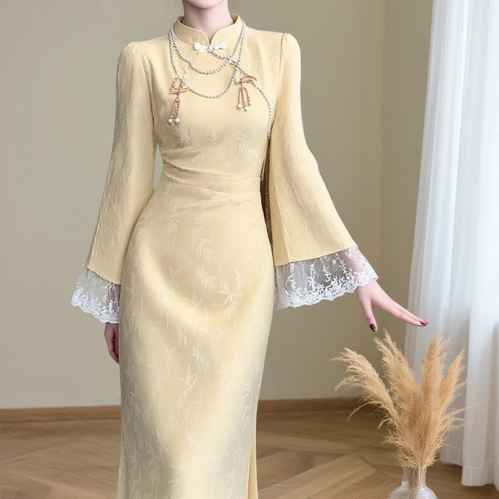 蕾丝喇叭袖旗袍早秋女装改良年轻款国风鱼尾连衣裙新中式复古长裙