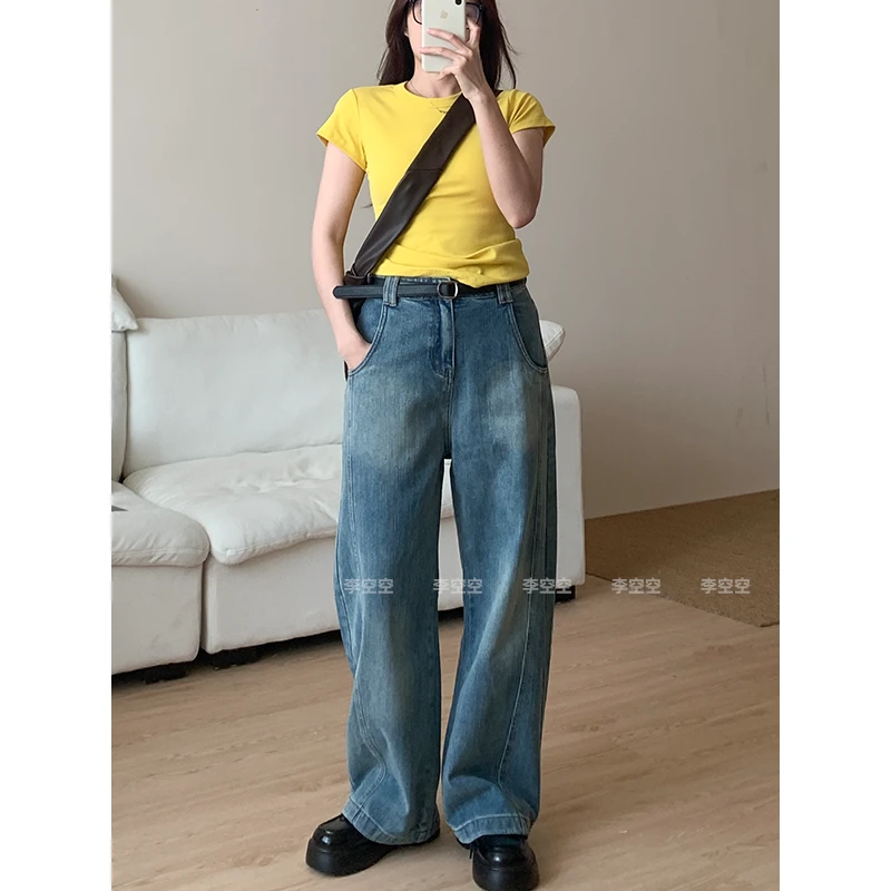 李空空【竹节弯刀裤】竹节解构宽松弯刀牛仔裤女水洗阔腿休闲长裤