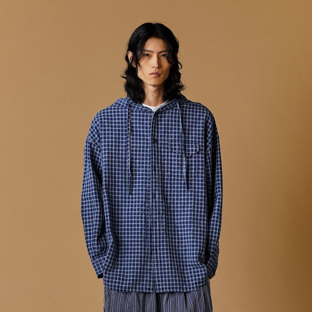 复古格子洗水牛仔玫瑰刺绣连帽外套 2507