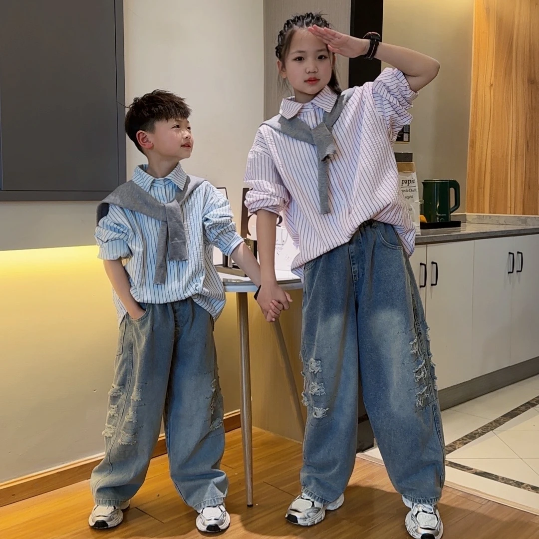 姐弟款春秋新款披肩衬衫儿童装破洞牛仔裤中大童儿童套装