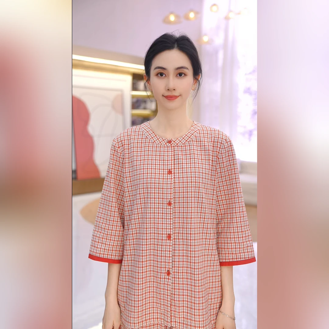 秋鹿新款夏日色织格七分袖九分裤睡衣春秋女睡衣格子时尚家居服