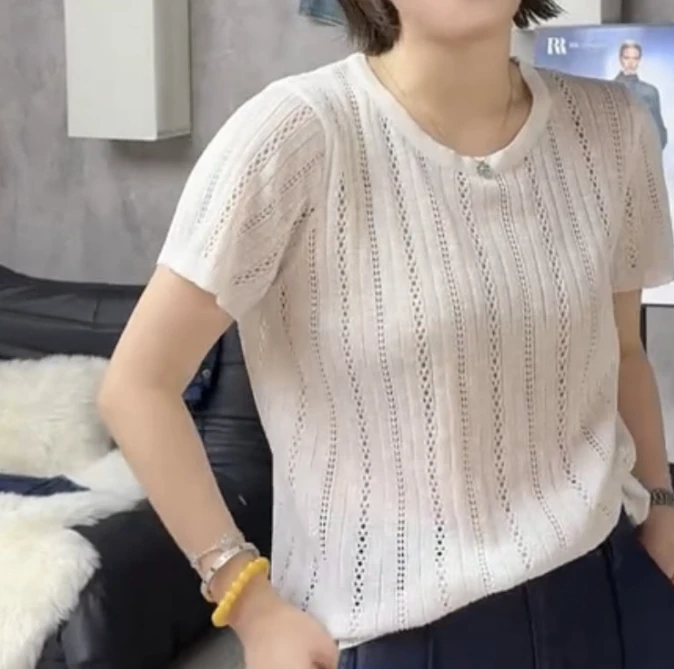 （606）2025夏季新款大码MM宽松显瘦上衣设计感正肩短袖针织t恤女