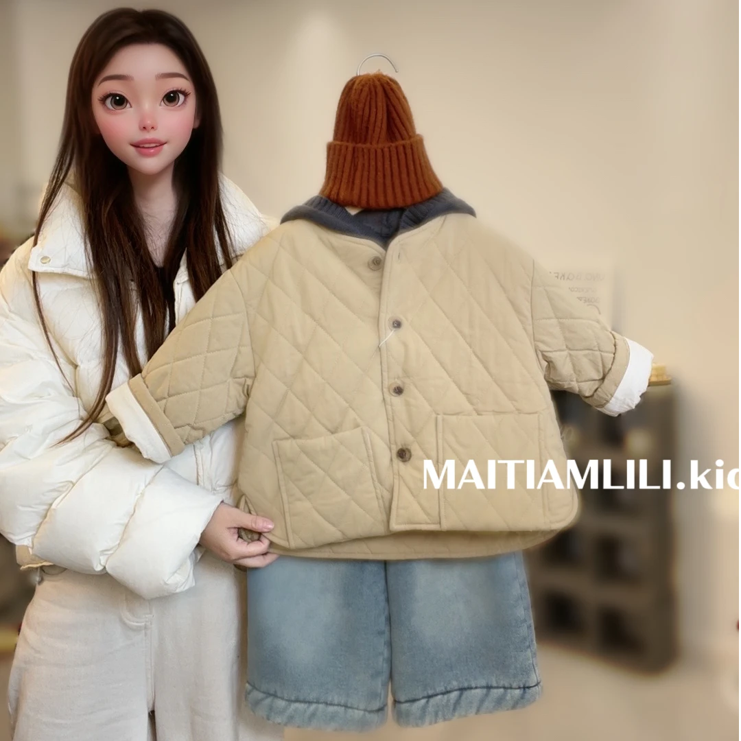 2024秋冬新款童装儿童菱形格绗棉棉衣男女童夹棉圆领长袖轻薄外套