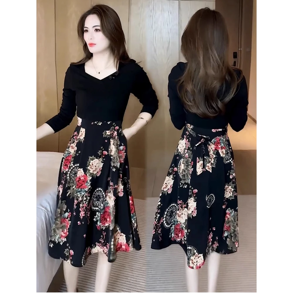 时尚洋气假两件拼接连衣裙女春夏新款中长款气质收腰显瘦碎花裙子