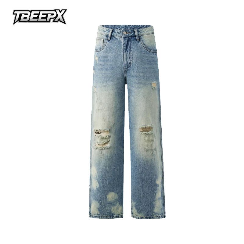 经典破洞牛仔裤男2025秋季款蓝色复古做旧裤子宽松直筒休闲长裤