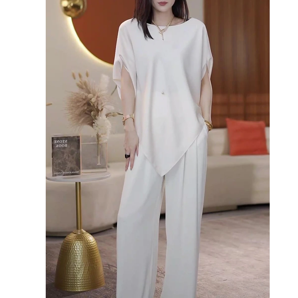 高级感时尚套装女夏季新款百搭不规则上衣+休闲阔腿裤显瘦两件套