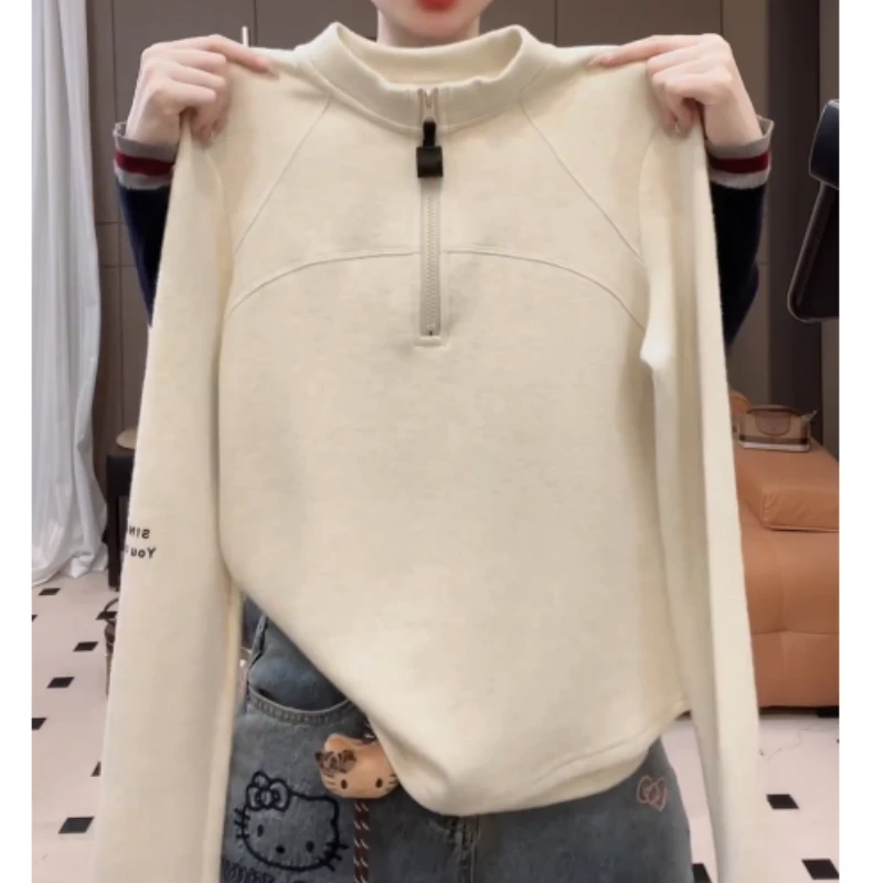 【暖意】2025秋冬立领半拉链字母袖修身弹力时尚长袖T恤LK2507412