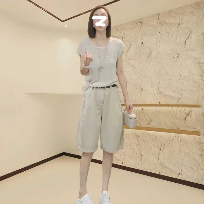 夏季高腰直筒五分阔腿裤2025新款舒适显瘦百搭洋气减龄花苞短裤女